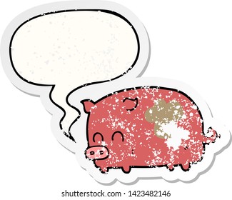 un lindo cerdo de dibujos animados con una burbuja de habla angustiado viejo pegatina
