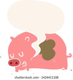 lindo cerdo de dibujos animados con burbuja de habla en estilo retro