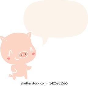 cute cartoon pig with speech bubble in retro style