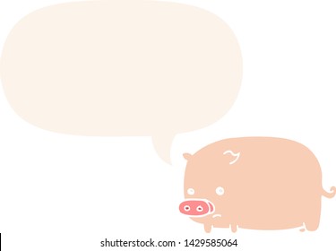 cute cartoon pig with speech bubble in retro style