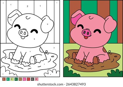 Cute cartoon pig splashing and playing happily in a puddle of mud, an adorable farm animal illustration for kids' books and activities.