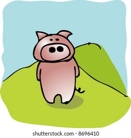 Cute cartoon pig standing on a hill hand-drawn lineart illustration