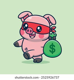 Cute Cartoon Pig Stealing Holding a Bag of Money Vector Icon Illustration. Animal Finance Icon Concept Isolated Premium Vector. Flat Cartoon Style