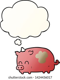lindo cerdo de dibujos animados con burbuja de pensamiento en un estilo de gradiente suave