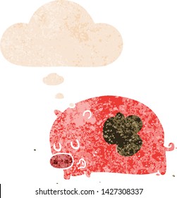 cute cartoon pig with thought bubble in grunge distressed retro textured style