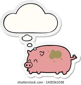 lindo cerdo de dibujos animados con burbuja de pensamiento como pegatina impresa