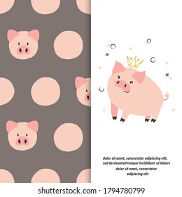 Cute cartoon pig vector illustration for kids. Polka dot pattern with pigs.