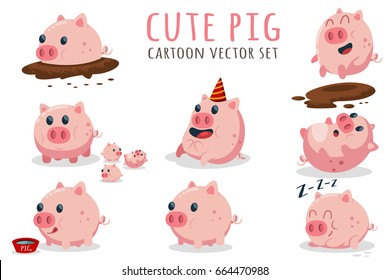 Cute cartoon pig vector set. Illustration with farm animal in different poses isolated on white background.