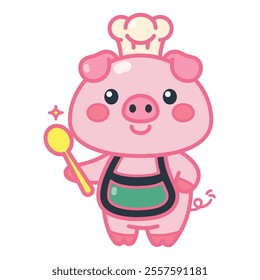 A cute cartoon pig wearing a chef hat isolated on a white background in a flat color style. Vector illustration suitable for kids' design, t-shirt, decor, and cooking theme projects.