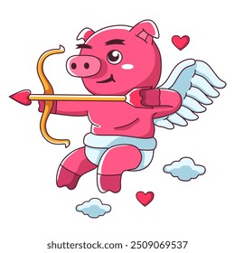 cute cartoon pig with wings archery love. vector illustration of child isolated on white background