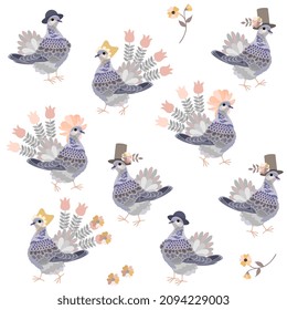 Cute cartoon pigeons in hats are walking isolated on a white background. Endless print for fabric. Home textiles.