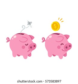 Cute Cartoon Piggy Bank Illustration. Sad Empty And Happy With Money.