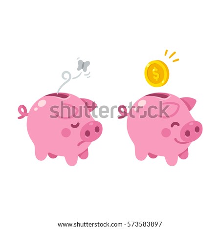 Cute cartoon piggy bank illustration. Sad empty and happy with money.