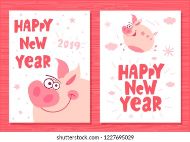 Cute cartoon piggy flying character, funny, smile, nose, heart, piglet, pink. Greeting cards, lettering, asian symbol mascot Year of Pig Design Chinese New Year 2019. Hand drawn vector illustration.