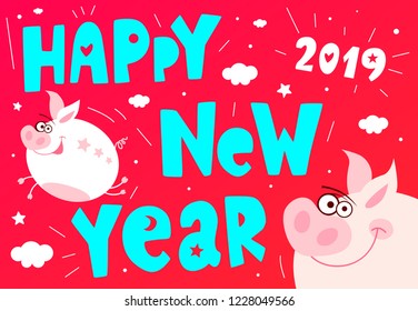 Cute cartoon piggy flying character, funny, smile, nose, heart, piglet, pink. Greeting cards, lettering, asian symbol mascot Year of Pig Design Chinese New Year 2019. Hand drawn vector illustration