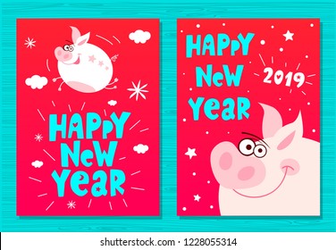Cute cartoon piggy flying character, funny, smile, nose, heart, piglet, pink. Greeting cards, lettering, asian symbol mascot Year of Pig Design Chinese New Year 2019. Hand drawn vector illustration.