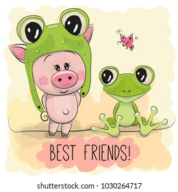 Cute Cartoon Piggy in a froggy hat and frog