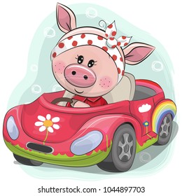 Cute Cartoon Piggy Girl goes on a pink car