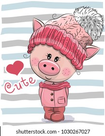 Cute Cartoon Piggy girl in a hat and coat
