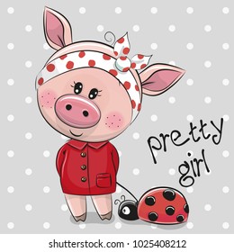 Cute Cartoon Piggy Girl in a red coat with ladybug