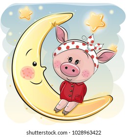 Cute Cartoon Piggy girl is sitting on the moon