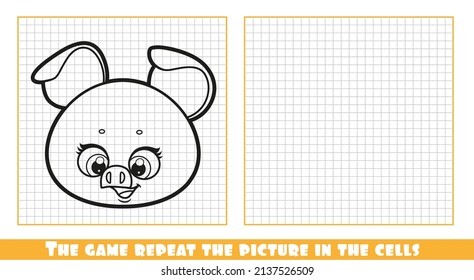 Cute cartoon piggy head outlined the game repeat the picture in the cell