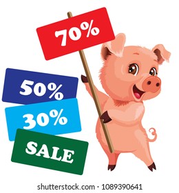 Cute cartoon piggy holds a sign with a discount, vector illustration isolated on white background