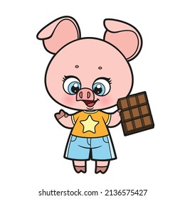 Cute cartoon piglet holding a bar of chocolate color variation for coloring page on a white background