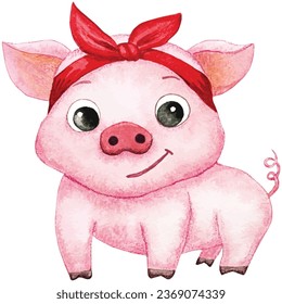 Cute cartoon piglet with red ribbon. watercolor vector illustration