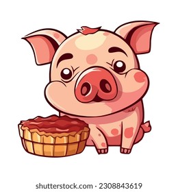 Cute cartoon piglet smiling with cake icon isolated