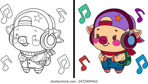 Cute cartoon piglet wearing headphones. Coloring page. Vector illustration.