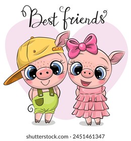 Cute cartoon piglets boy and girl in clothing