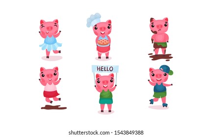 Cute cartoon pigs in different clothes. Vector illustration on a white background.