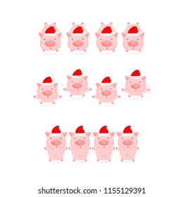 Cute cartoon pigs with different emotions in thehat of Santa Claus for the greetings Merry Christmas and Happy New Year