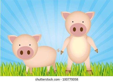 cute cartoon pigs with grass and sky, vector