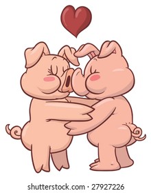 Cute cartoon pigs kissing.