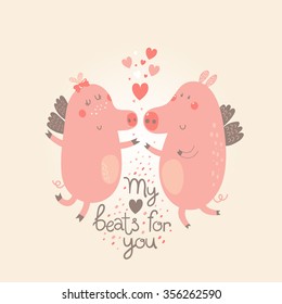 Cute cartoon pigs with wings in love. Great Valentines Day card. Vector illustration.