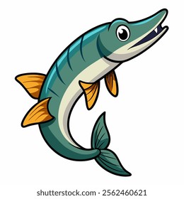 Cute cartoon pike isolated on white background. Side view. Vector illustration.
