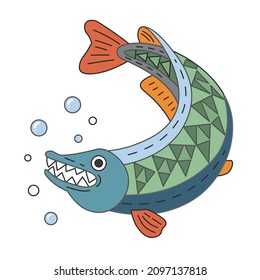 Cute cartoon pike swimming in the water. A funny green fish looking at the camera, smiling and showing its sharp teeth. Vector clip art illustration in 2D. Hand-drawn simple style.
