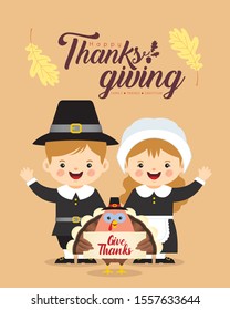 Cute cartoon pilgrim boy & girl with turkey bird holding thanksgiving sign isolated on brown background. Thanksgiving character in flat vector illustration.