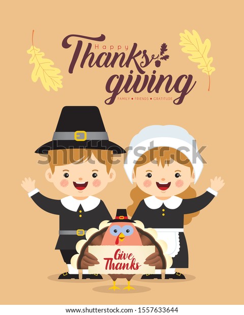 Cute Cartoon Pilgrim Boy Girl Turkey Stock Vector (royalty Free) 1557633644