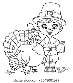 Cute cartoon pilgrim boy hold pumpkin standing near a turkey wearing a pilgrim hat  outlined. Image produced without the use of any form of AI software at any stage.