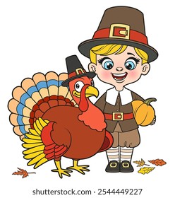 Cute cartoon pilgrim boy hold pumpkin standing near a turkey wearing a pilgrim hat. Image produced without the use of any form of AI software at any stage.