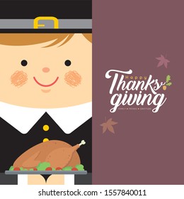 Cute cartoon pilgrim boy holding roasted turkey in flat design. Vector thanksgiving character design. Greeting template design for label, tag, bookmark, card or print.