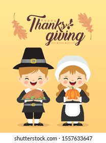 Cute cartoon pilgrim couple holding pumpkin & roasted turkey isolated on yellow background. Thanksgiving character in flat vector illustration.