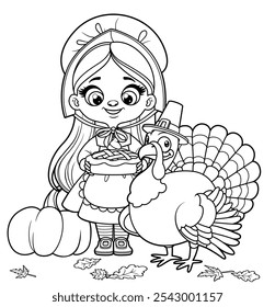 Cute cartoon pilgrim girl hold a pumpkin pie and with cartoon turkey wearing a pilgrim hat outlined. Image produced without the use of any form of AI software at any stage.