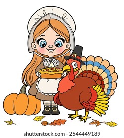 Cute cartoon pilgrim girl hold a pumpkin pie and with cartoon turkey wearing a pilgrim hat. Image produced without the use of any form of AI software at any stage.