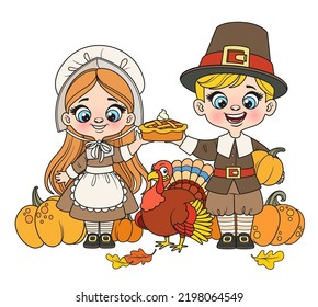 Cute cartoon pilgrims boy and girl with pie and turkey beside color variation for coloring page on a white background