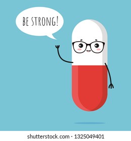 Cute cartoon pill capsule with kawaii face and quote bubble. Greeting card, nursery art, clip art, sticker
