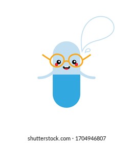 Cute cartoon pill, medication character in glasses with speech bubble, talking, giving advice or information. 